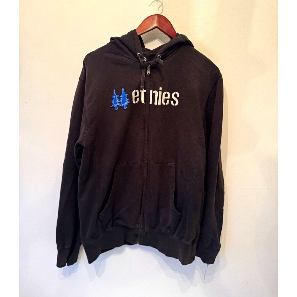 Etnies Pilot Hoodie Mens Medium Black Full Zip Blue Tree Logo Y2K Skate